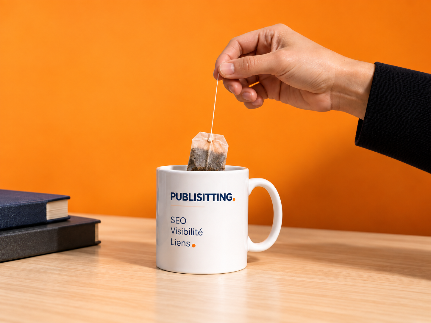 Une main plonge un sachet de thé dans une tasse Publisitting devant un fond orange