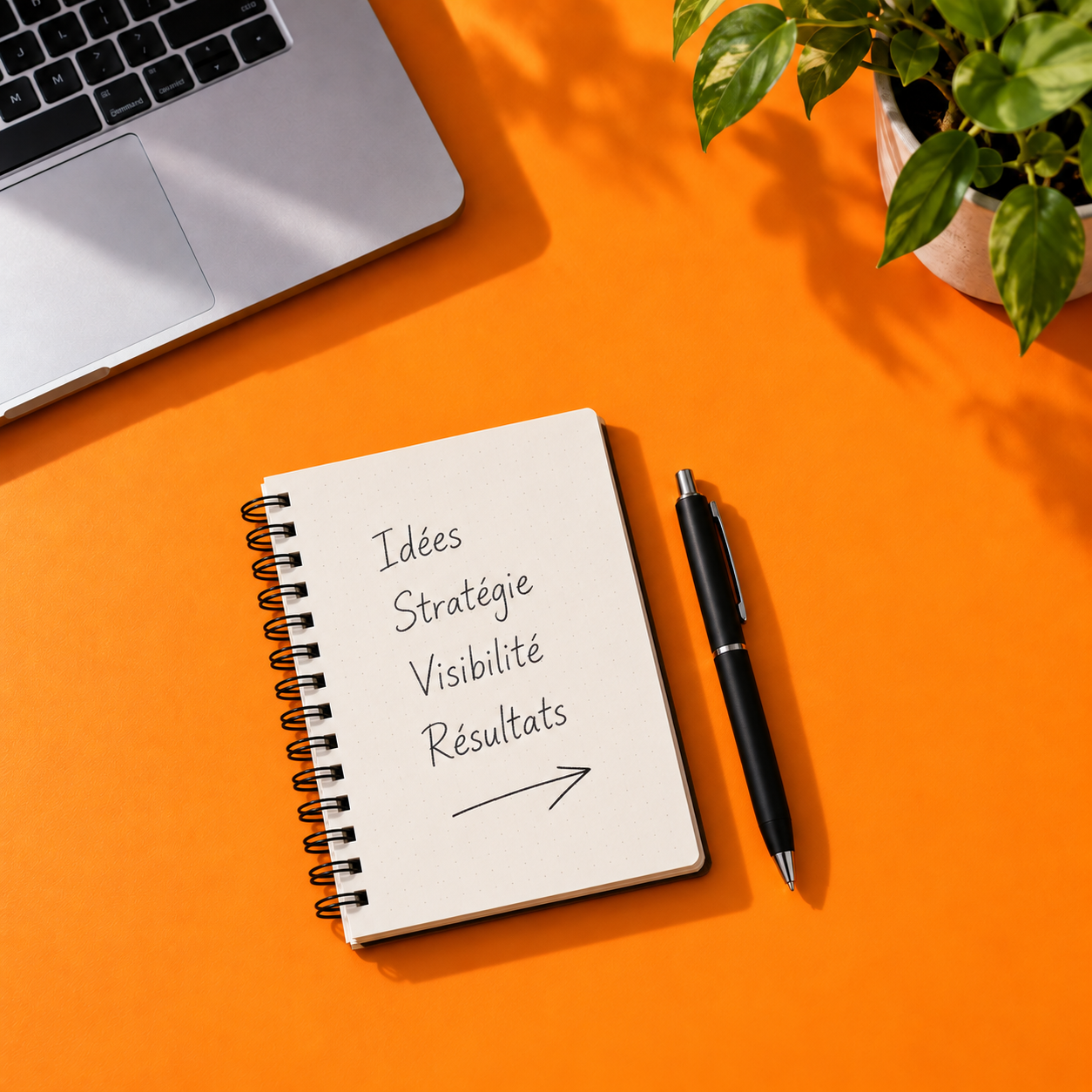 Carnet de stratégie SEO, stylo, ordinateur et plante sur un bureau orange